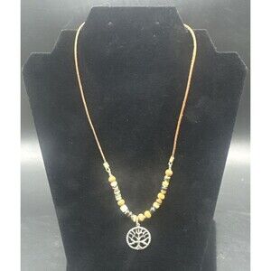 Metal Tree of Life Necklace W/ Brown Thin Leather & Beads 10”